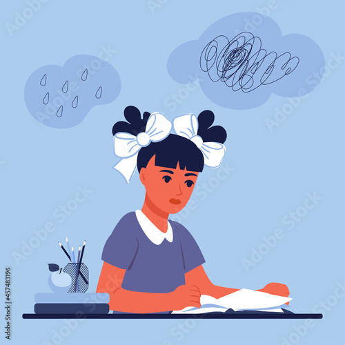 Depression in a schoolgirl. School problems, difficult teenage age, outcast among peers. Flat vector illustration