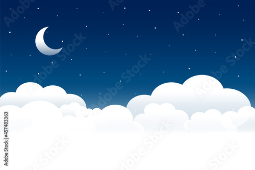 fluffy clouds night scene with moon and stars