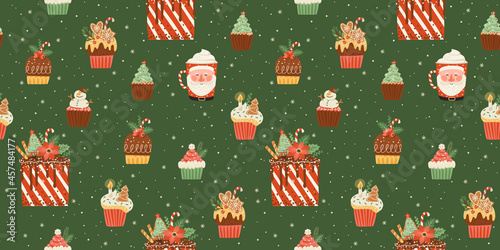 Christmas and Happy New Year seamless pattern with christmas sweets and drink.