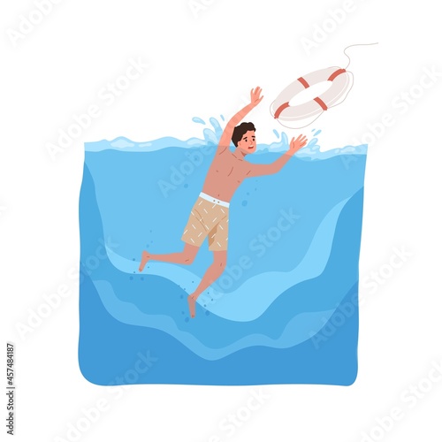 Kid sinking in sea, catching lifebuoy with hands to survive in water accident. Childs life in danger, drowning during summer swimming. Flat vector illustration of swimmer isolated on white background