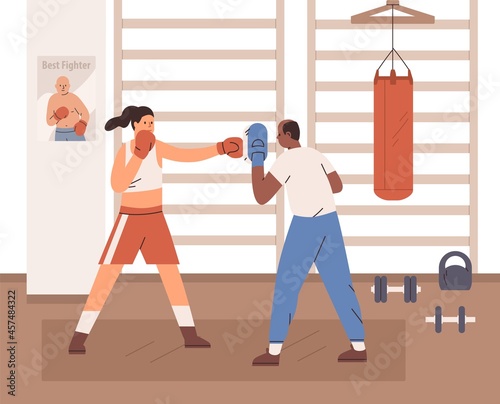 Woman boxing with trainer in gym. Box coach with handheld pad and boxer punching in it with fist in glove. Workout of female fighter. Instructor working out with athlete. Flat vector illustration