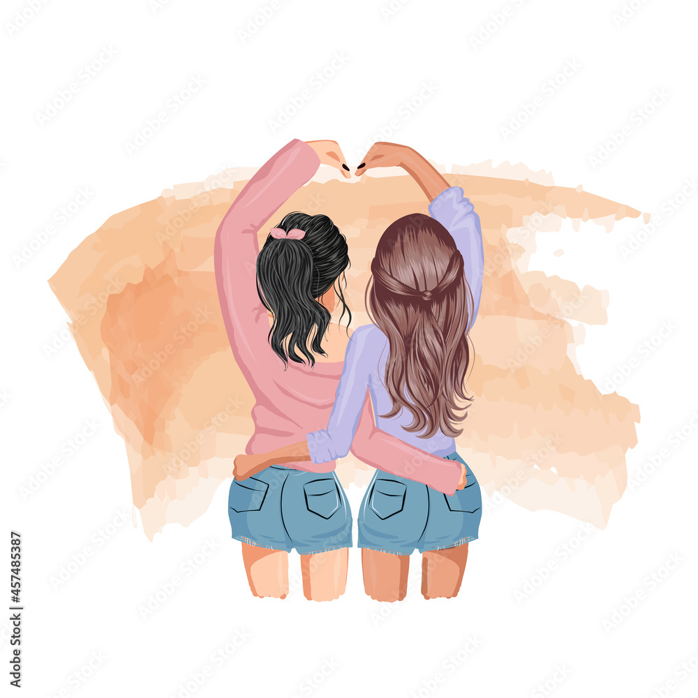 Girl best friend doing heart pose with their hands. Flat vector design  Stock Vector | Adobe Stock