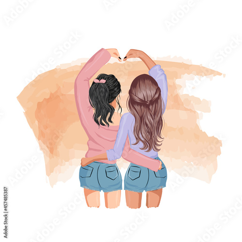 Girl best friend doing heart pose with their hands. Flat vector design