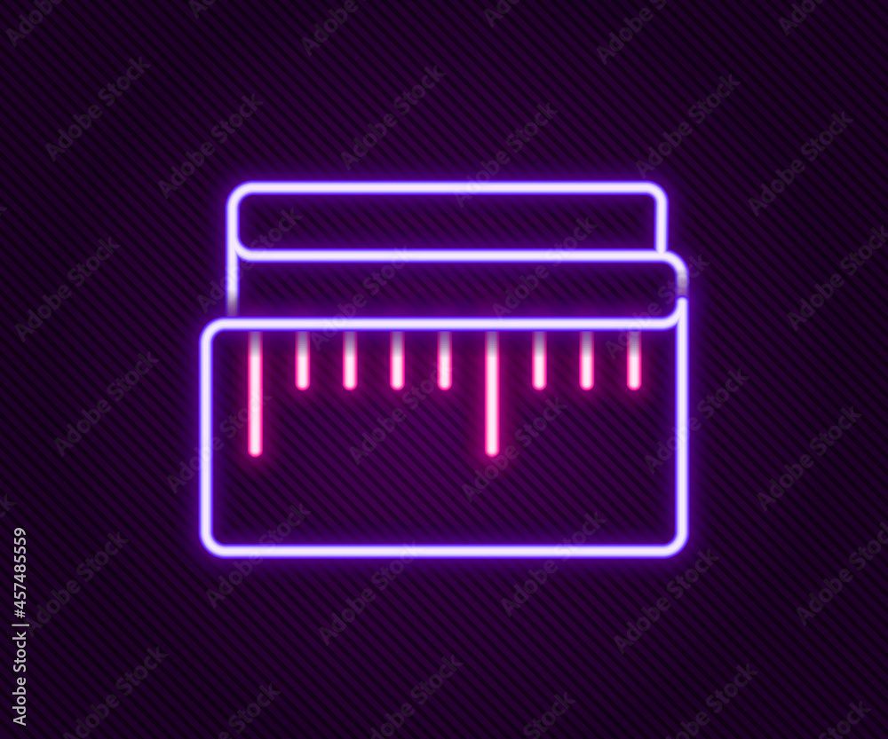 Glowing neon line Tape measure icon isolated on black background. Measuring tape. Colorful outline concept. Vector Glowing neon line Tape measure icon isolated on black background. Measuring tape. Colorful outline concept. Vector