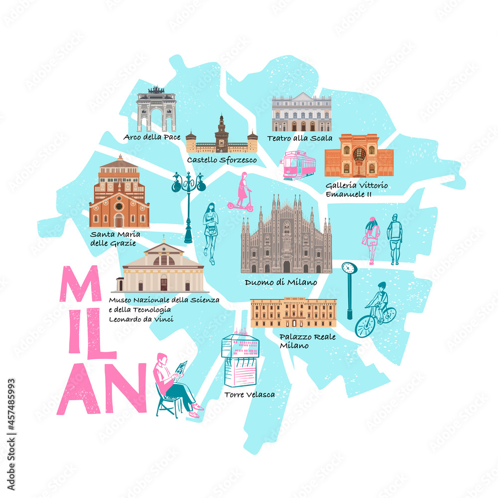 Milan map, buildings of world famous places. Italy. Cartoon doodle art for design. Traditional symbols full color vector illustration.