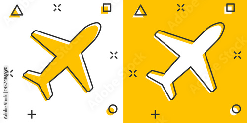 Plane icon in comic style. Airplane cartoon vector illustration on white isolated background. Flight airliner splash effect business concept.
