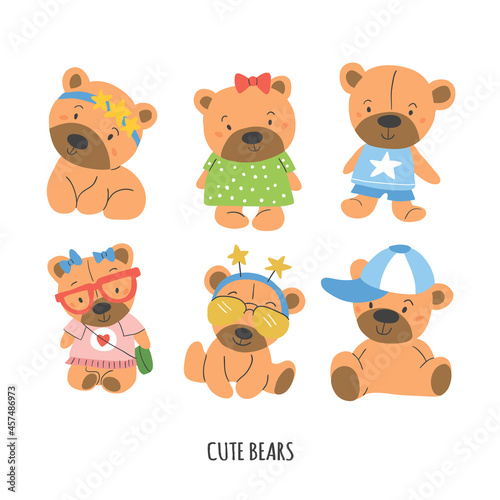 Cute vector set of bears. Kids doodle illustrations. Cute bear portrait, stickers, stylish bear, boy and girl animals isolated on white. Kids print with toys