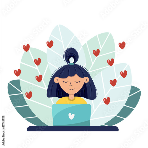 Pretty young girl at dream job. Female loves freelance job. Home schooling. Designer or photographer behind desktop. Freelance or studying concept. Vector illustration in flat style.