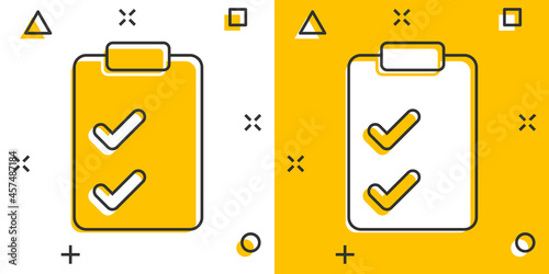 Document checklist icon in comic style. Report cartoon vector illustration on white isolated background. Paper sheet splash effect business concept.