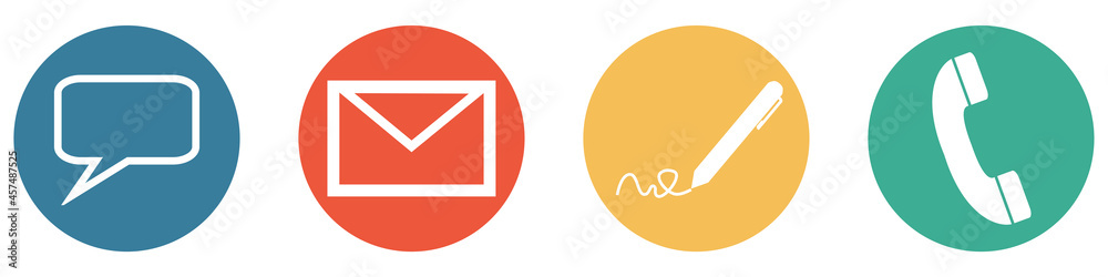 Bunter Banner mit 4 Buttons: Kontakt persönlich, per E-Mail, Brief oder Telefon Bunter Banner mit 4 Buttons: Kontakt persönlich, per E-Mail, Brief oder Telefon