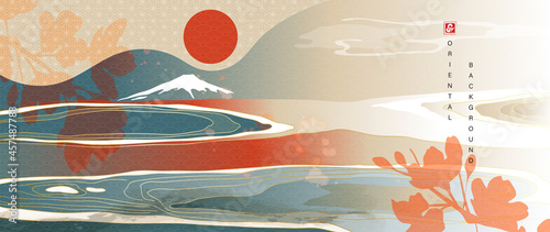 Oriental style background vector. Chinese and Japanese pattern oriental line art with golden line art texture. Wallpaper design with Mount Fuji , sun, Cherry blossoms flower , Ocean and wave.