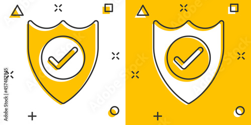 Shield with check mark icon in comic style. Protect cartoon vector illustration on white isolated background. Checkmark guard splash effect business concept.