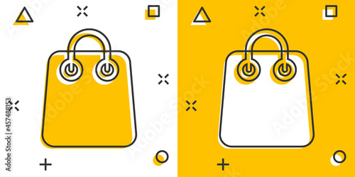 Shopping bag icon in comic style. Handbag cartoon sign vector illustration on white isolated background. Package splash effect business concept.