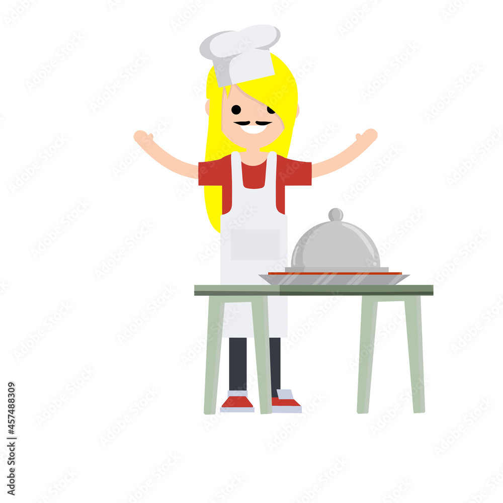 Woman in white apron prepares food. Table with plate and tasty. Element of cafe and restaurant. housewife in cap cook sweet pie. Cartoon flat illustration. Work of chef and waiter Woman in white apron prepares food. Table with plate and tasty. Element of cafe and restaurant. housewife in cap cook sweet pie. Cartoon flat illustration. Work of chef and waiter