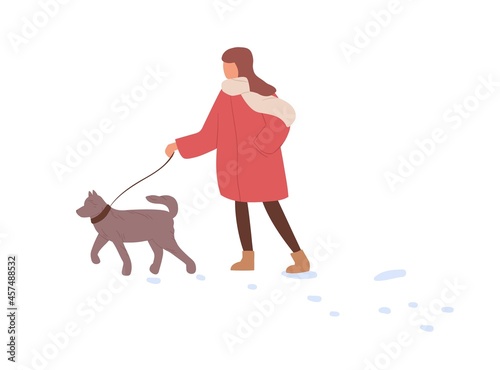 Child walking with dog in winter. Kid leading puppy on leash in cold weather with snow. Girl, pet owner strolling with doggy in wintertime. Flat vector illustration isolated on white background