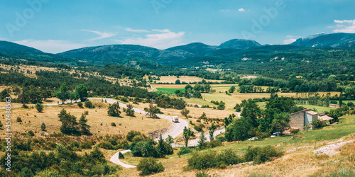 Small Truck Drive In Beautiful Scenic View Landscape Near Village Of Trigance In Provence, France.