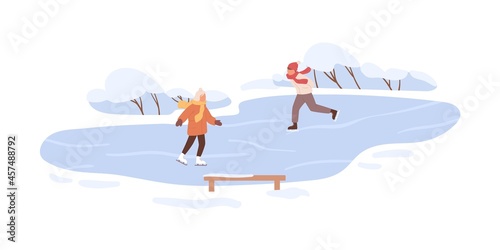 People skating on ice rink outdoors in winter. Children skaters in cold weather with snow. Active kids in snowy park on wintertime holidays. Flat vector illustration isolated on white background