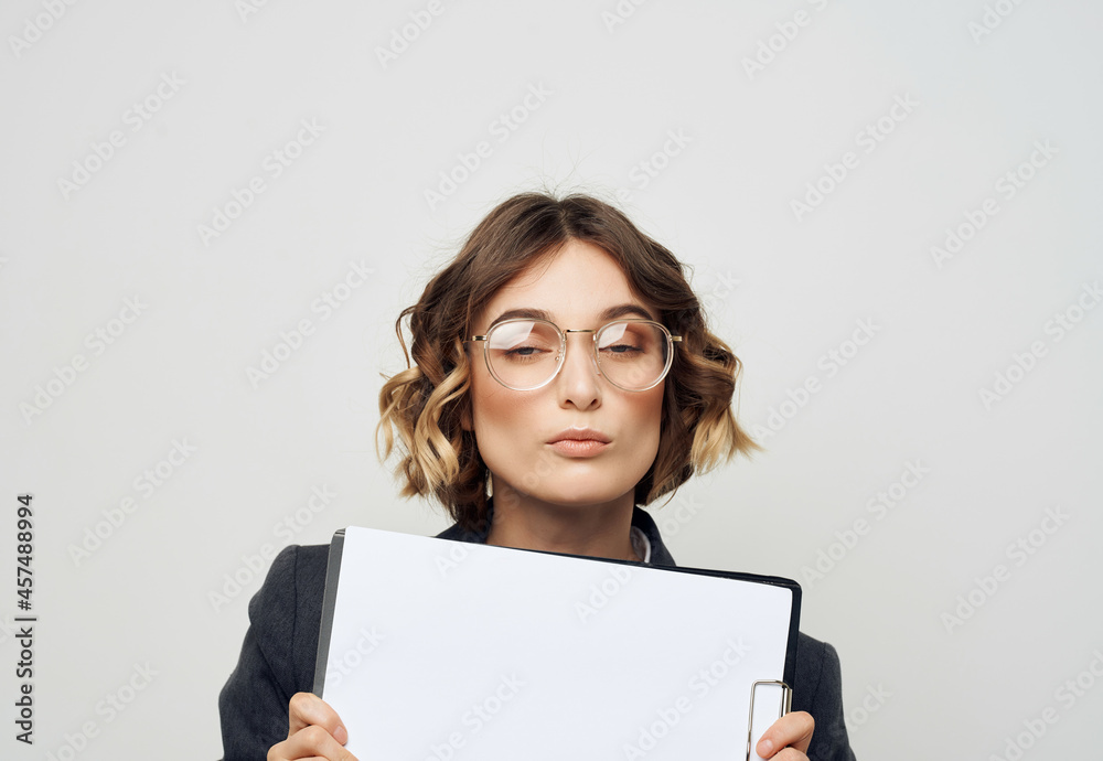 Business woman in suit folder for papers blank sheet Copy Space Business woman in suit folder for papers blank sheet Copy Space