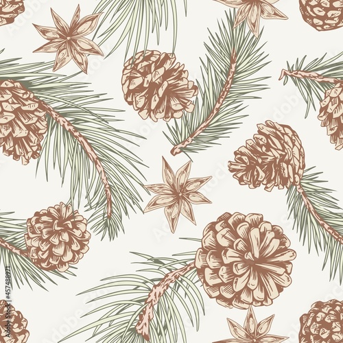 Seamless pattern with Christmas fir cones, needles and anise. Repeating background with coniferous spruce. Vintage winter texture with conifer twigs. Hand-drawn vector illustration for printing