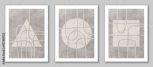 Set of trendy contemporary abstract creative minimalist hand painted compositions for wall decoration, postcard or brochure cover design in vintage style art. EPS10 vector.