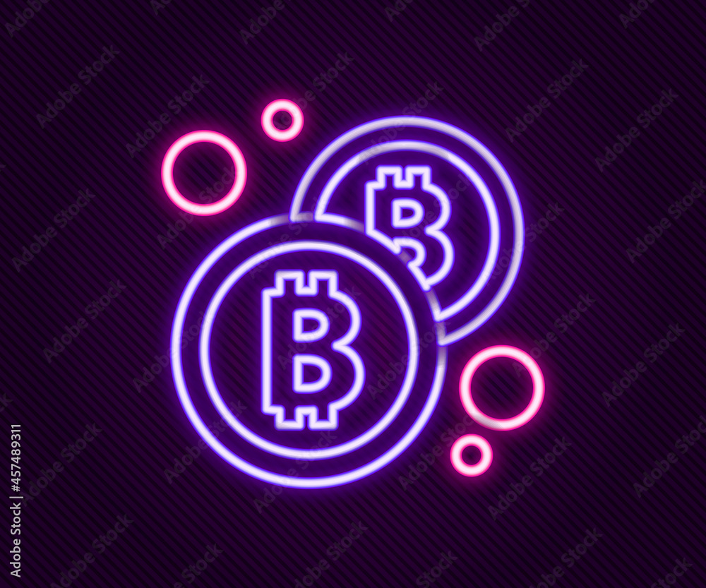 Glowing neon line Cryptocurrency coin Bitcoin icon isolated on black background. Physical bit coin. Blockchain based secure crypto currency. Colorful outline concept. Vector Glowing neon line Cryptocurrency coin Bitcoin icon isolated on black background. Physical bit coin. Blockchain based secure crypto currency. Colorful outline concept. Vector