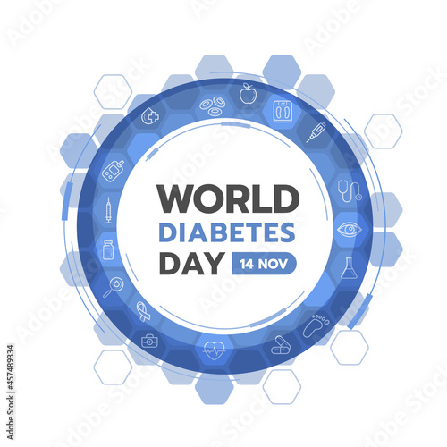 world diabetes day banner - abstract ring blue sign with icon of Medical devices and drugs related to diabetes around on hexagon modern science texture background vector design