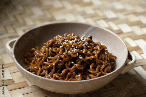 Jajangmyeon Korean instant noodles with black sauce photo