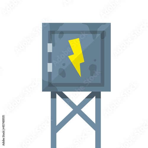 Switchboard. High voltage sensor. Technical industrial appliance. Danger sign - yellow lightning. Current switch. Cartoon flat illustration. Fuse and electrical engineering. Electrical wires in box