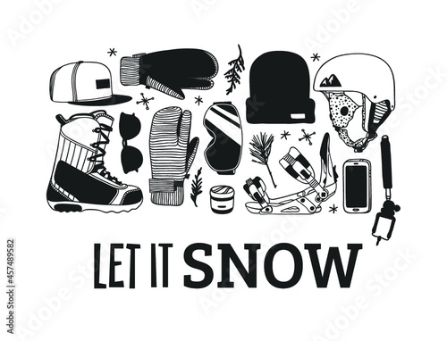 Hand drawn Fashion Illustration Snowboarding Things and text. Creative ink art work. Actual cozy vector drawing with Rider's Items. Winter Sport set: wear, shoes, accessories, food, drinks, things