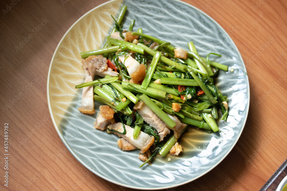 Stir Fried Morning Glory with Crispy Pork Stir Fried Morning Glory with Crispy Pork