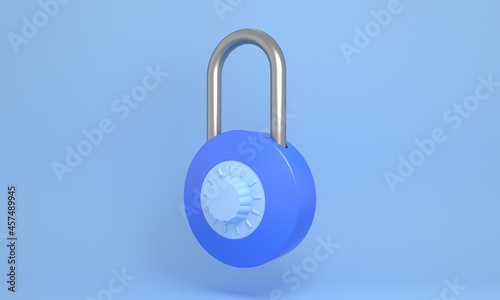 3d Blue pastel closed padlock, minimalist style. Lock, security, safety, locked symbol