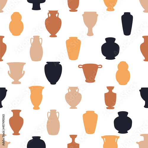 Antic vase pattern. Seamless cartoon trendy abstract vessels jugs and pots of ceramic. Vector print with ancient pottery