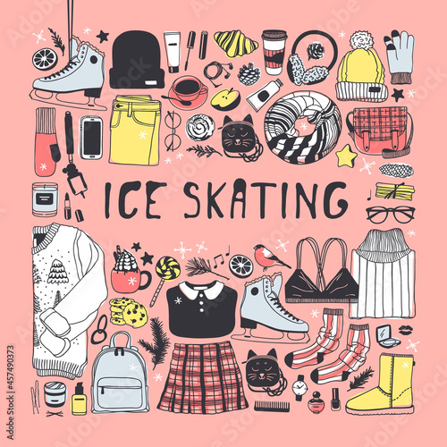 Hand drawn set with Ice Skating Things. Winter Sport vector background. Actual fashion illustration. Original doodle style drawing. Creative ink art work