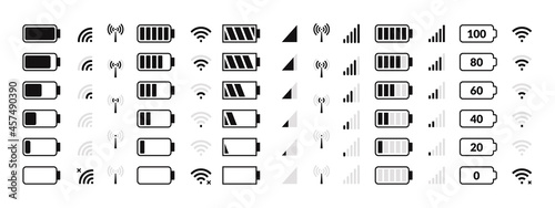 Battery icon. Cellular network, internet traffic and data transfer, smartphone status bar icons, battery charge level and GSM signal strength. Vector set