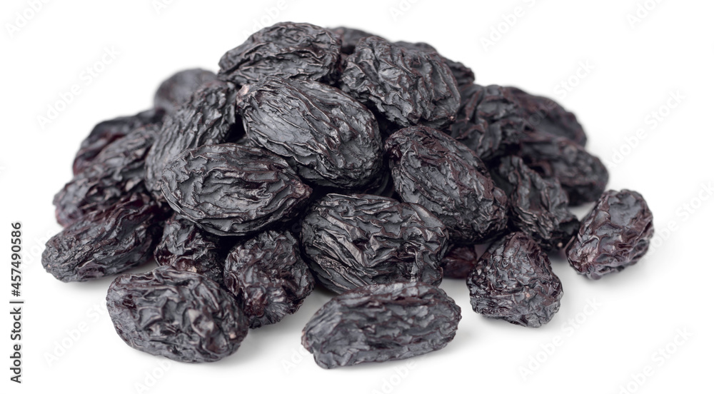 close up of black raisins isolated on white background close up of black raisins isolated on white background