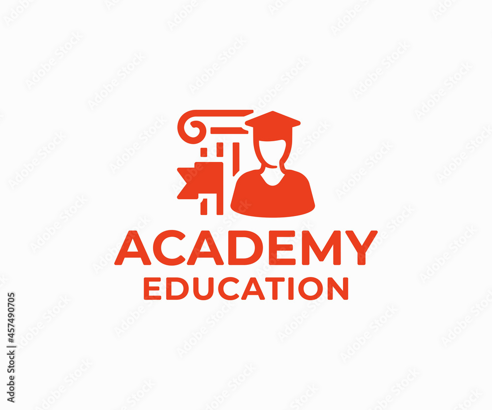Student with graduation cap logo design. Study, education, learning on school and university vector design. University graduate, college campus with columns of university logotype Student with graduation cap logo design. Study, education, learning on school and university vector design. University graduate, college campus with columns of university logotype
