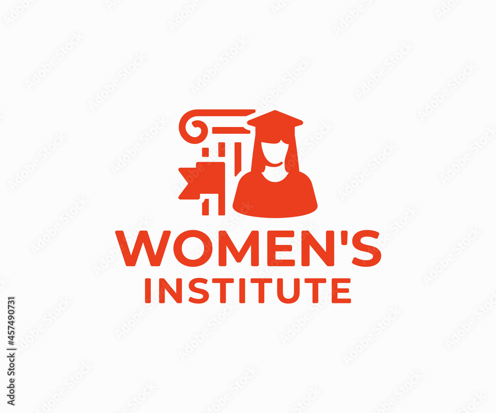 Student with graduation cap logo design. Study, education, learning on school and university vector design. Woman university graduate, college campus with columns of university logotype