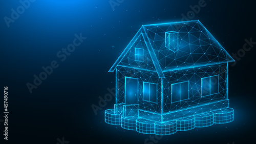 House investment concept. Polygonal vector illustration of a house that stands on a stack of coins on a dark blue background. Buying or selling home banner or template.