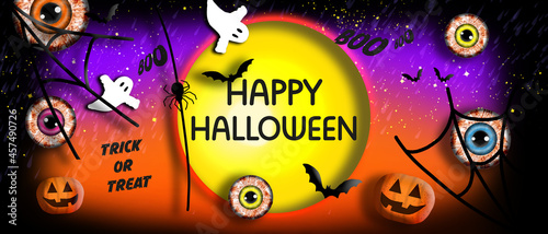 Halloween banner. Halloween illustration with scary eyes  ghosts   pumpkins  spiders  spider webs and bats. HAPPY HALLOWEEN.