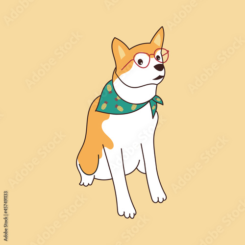 Shiba inu dog cute and funny wearing glasses frames. Hand drawn sticker vector illustration isolated. Kawaii style. Portrait cute dog.