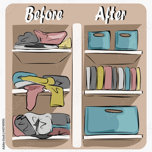 Organization of space, basic wardrobe. Before and after. Apartment cleaning, order, things on the shelves. Wardrobe with things before and after cleaning. Comfort, furniture. Isolated vector objects.