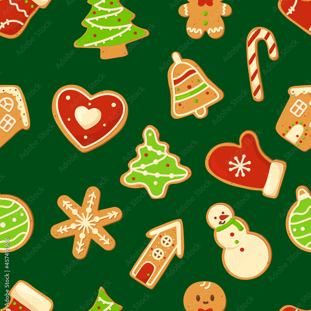 Seamless christmas pattern with Christmas gingerbread cookies. Winter holiday food. Perfect for wrapping paper, greeting cards, textile. Gingerbread man, house, christmas tree, snowman, snowflake.