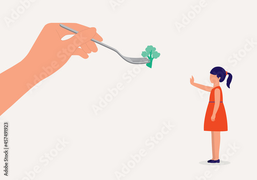 Side View Of A Young Girl Standing In Stop Gesture Refuses To Eat Her Vegetables.