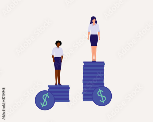 Racial Wage Gap Concept. Black Female Employee Standing On A Stack Of Coins Which Is Much Lower Than The White Employee. Racial Discrimination.