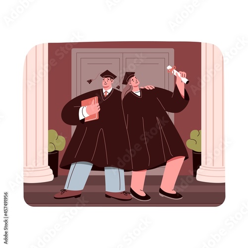 Happy graduated students in caps and gowns with diplomas and certificates. Alumni with academic bachelor and master degrees. People's graduation from college or university. Flat vector illustration