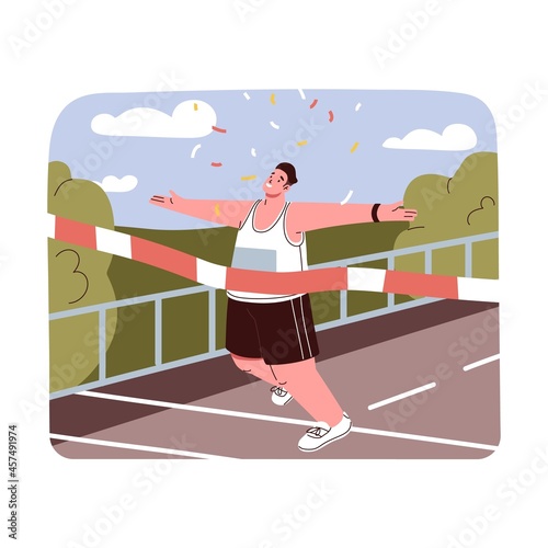 Happy runner finishing in marathon race. Winner running and crossing through ribbon. Sports achievement, leadership and victory concept. Flat vector illustration of number one athlete