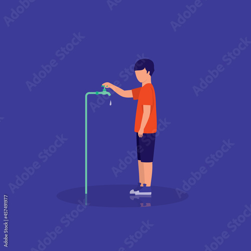 Young Boy Turning Off The Dripping Outdoor Garden Tap To Stop Water Wastage. Save Water. Water Conservation. Sustainability. Environmental Conservation.
