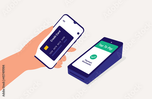 A Customer Made Successful Payment Using Smartphone With Credit Card Through POS Terminal. Contactless Payment. Tap To Pay. Mobile Payment. Point Of Sale Machine.