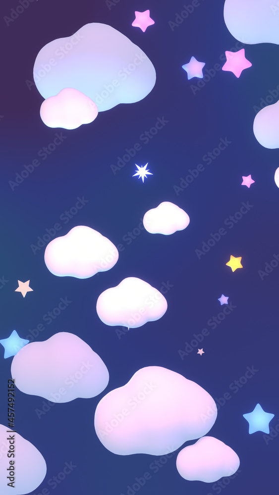 3d rendered cartoon clouds and stars in the night sky. (vertical)