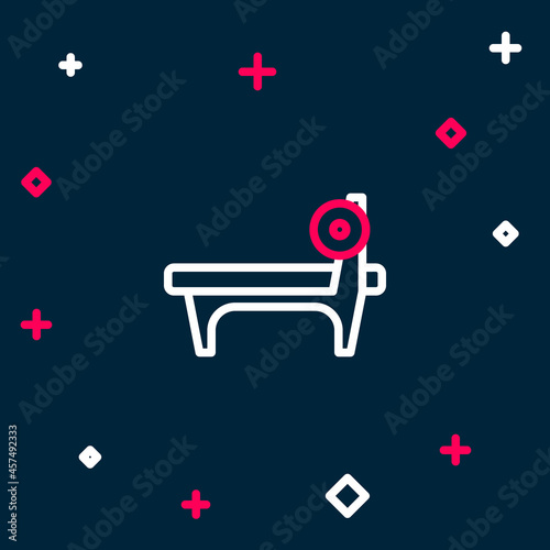 Line Bench with barbel icon isolated on blue background. Gym equipment. Bodybuilding, powerlifting, fitness concept. Colorful outline concept. Vector